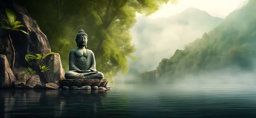 Gartenposter Buddha statue in the forest with sunlight. nature background. © waichi2013th