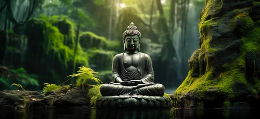 Foto op Aluminium Buddha statue in the forest with sunlight. nature background. © waichi2013th