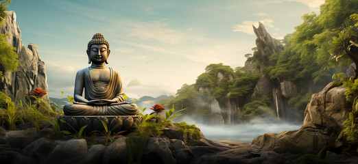 Buddha statue in the forest with sunlight. nature background. - obrazy, fototapety, plakaty