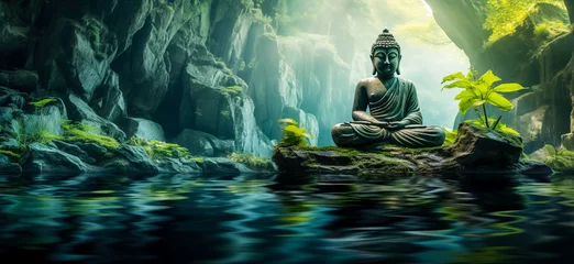 Tuinposter Buddha statue in the forest with sunlight. nature background. © waichi2013th