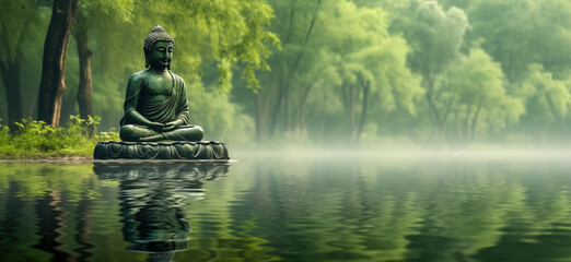 Buddha statue in the forest with sunlight. nature background. - obrazy, fototapety, plakaty