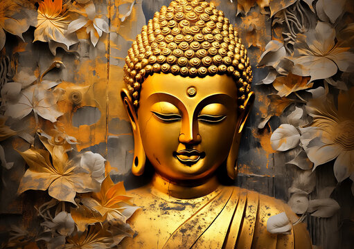 Golden buddha statue on grunge background with copy space.
