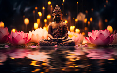 Buddha statue with flowers and leafs on light background. - obrazy, fototapety, plakaty