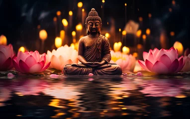 Tuinposter Buddha statue with flowers and leafs on light background. © waichi2013th