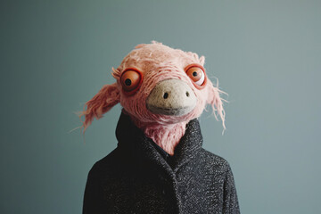 Pink creature with big eyes in black sweater