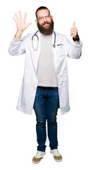 Young blond doctor man with beard wearing medical coat showing and pointing up with fingers number six while smiling confident and happy.