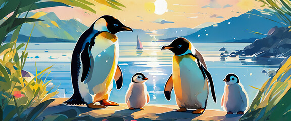 A family of four penguins is standing near the beach at sunset. Illustration with animals and nature. - obrazy, fototapety, plakaty