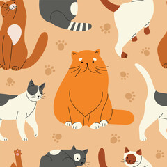 Vector seamless pattern with different cute domestic cats, hand drawn in flat design