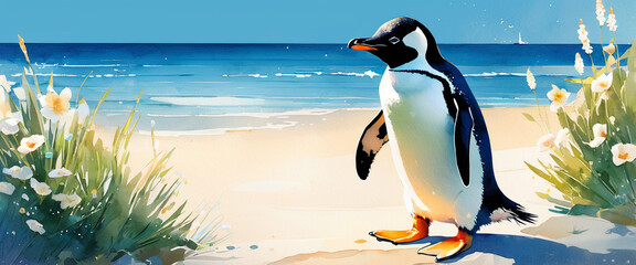Penguin alone on the sandy beach where there is no one. Illustration of Penguin with Blue Sea.