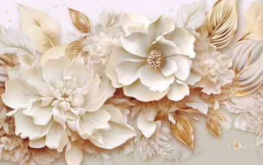 a close up of a flower on a white background with gold leaves and flowers on it's side, generative ai