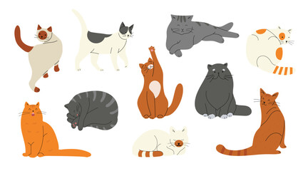 Set with different cat breeds in flat doodle design. Hand drawn vector illustrations isolated on white