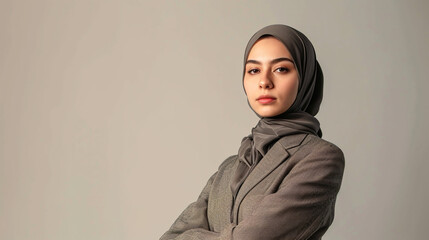 young woman fashion hijab with blazer model in beige background