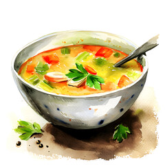 Illustration of a bowl of watercolor chicken soup with vegetables.