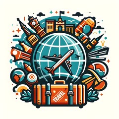 illustration of a city, a globe with a bunch of different things around it and a plane flying over it in the sky above, detailed illustration