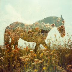 Silhouette horse with double exposure of grass in the meadow