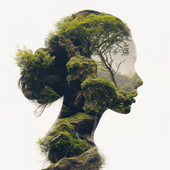Silhouette woman with double exposure of mossy rock in jungle