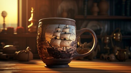 A beautiful ship crafted on mug - Generative AI