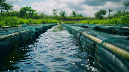 close up industrial fish farm in river