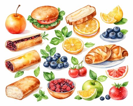 Watercolor Food Illustration with Fruits and Fast Food
