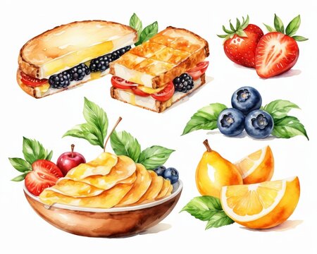 Watercolor Food Illustration with Fruits and Fast Food