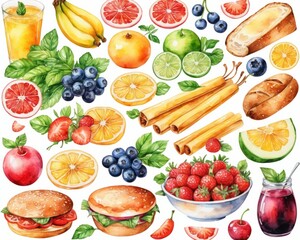 Watercolor Food Illustration with Fruits and Fast Food