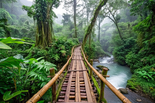 archaic suspension bridge crossing the jungle