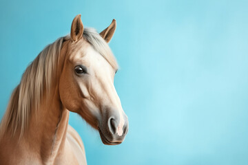 Obraz na płótnie Canvas horse on blue background, copy space for text