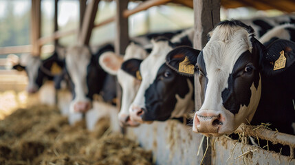 a group of black white cow in cage ranch