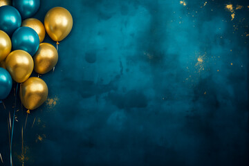 Grunge background with golden and blue balloons. Place for your text.