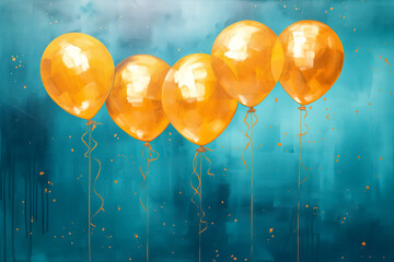 Grunge background with golden and blue balloons. Place for your text.