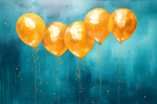 Grunge background with golden and blue balloons. Place for your text. - Powered by Adobe