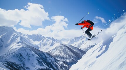Naklejka na ściany i meble Skier mid-air jump with snow-capped mountains.