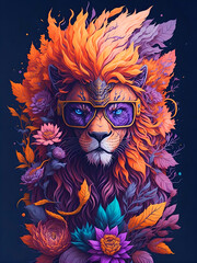 Futuristic Lion Head with Flower and Sunglasses on Clean Background. Vintage Painting Style Design with Floral Elements for Banner, Invitation, Greeting Card or Cover. Ai Generated