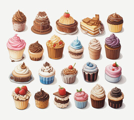 Set of various cupcakes, muffins on white background