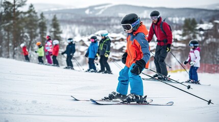 Fototapeta na wymiar Children learning skiing basics with instructor on gentle slope.