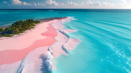 Pink coastal coast day view, with sunlight, summer, travel, dream place, paradise