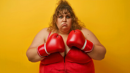 Overweight woman in red boxing gloves on a yellow background. The concept of losing weight.