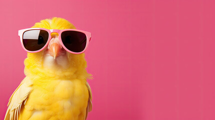 Canary in sunglasses close-up. Portrait of a canary. Anthopomorphic creature. Fictional character for advertising and marketing. Humorous character for graphic design. - obrazy, fototapety, plakaty