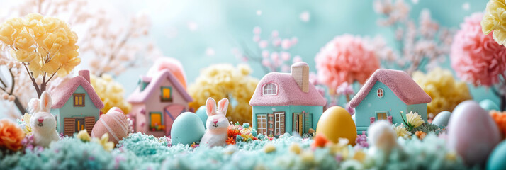 Fototapeta na wymiar Wide childlike Easter banner with tiny houses, dyed eggs, bunnies and decoration, small village in pastel colour.