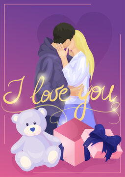 llustrations for an A4 postcard, for an anniversary, for Valentine's Day, and just to say I love you. Flat illustrations with a woman and a man kissing.