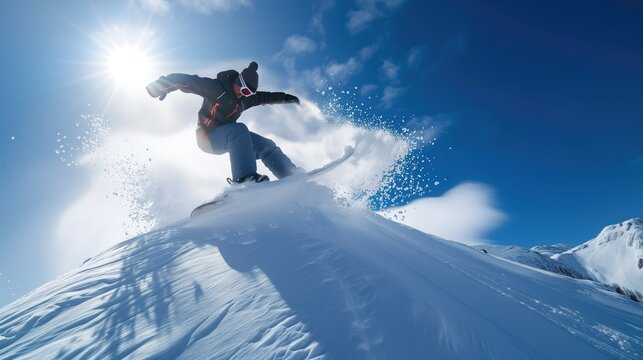 Snowboarding action - boarder launching natural half-pipe in backcountry.