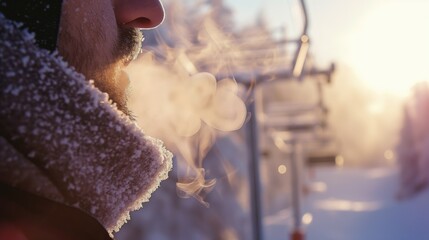 Person's breath in cold air with ski lift and frosty trees in soft-focus background.