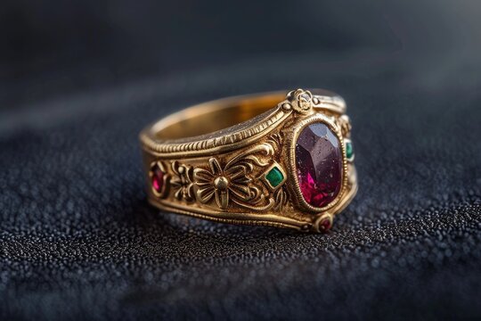 beautifully crafted gold ring with intricate designs and embedded gemstones