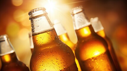 Lots of cold beer bottles with large condensation drops on them. A refreshing drink. Illustration for cover, card, postcard, interior design, poster, brochure, advertising, marketing or presentation.