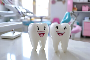 Two cheerful teeth characters on a dentist's table, creating a positive atmosphere for patients. 3D tooth models on a table in dentist office to comfort young visitors. Pleasant dental visits concept