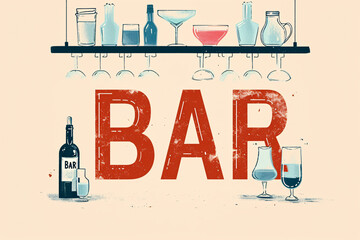 Vintage bar shelf with glasses and bottles