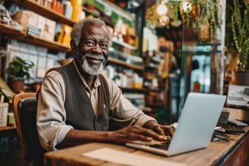 A black senior male business owner runs a successful online and brick-and-mortar business. - obrazy, fototapety, plakaty