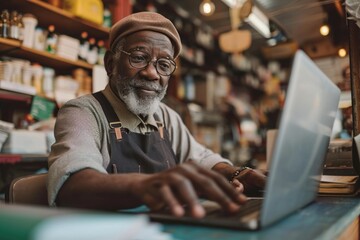 A black senior male business owner runs a successful online and brick-and-mortar business.