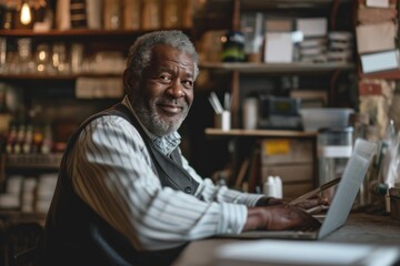 Obraz premium A black senior male business owner runs a successful online and brick-and-mortar business.