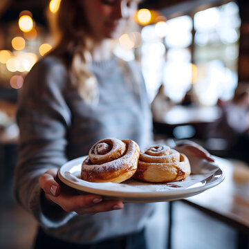 Woman holding cinnamon bun from tray at table.
